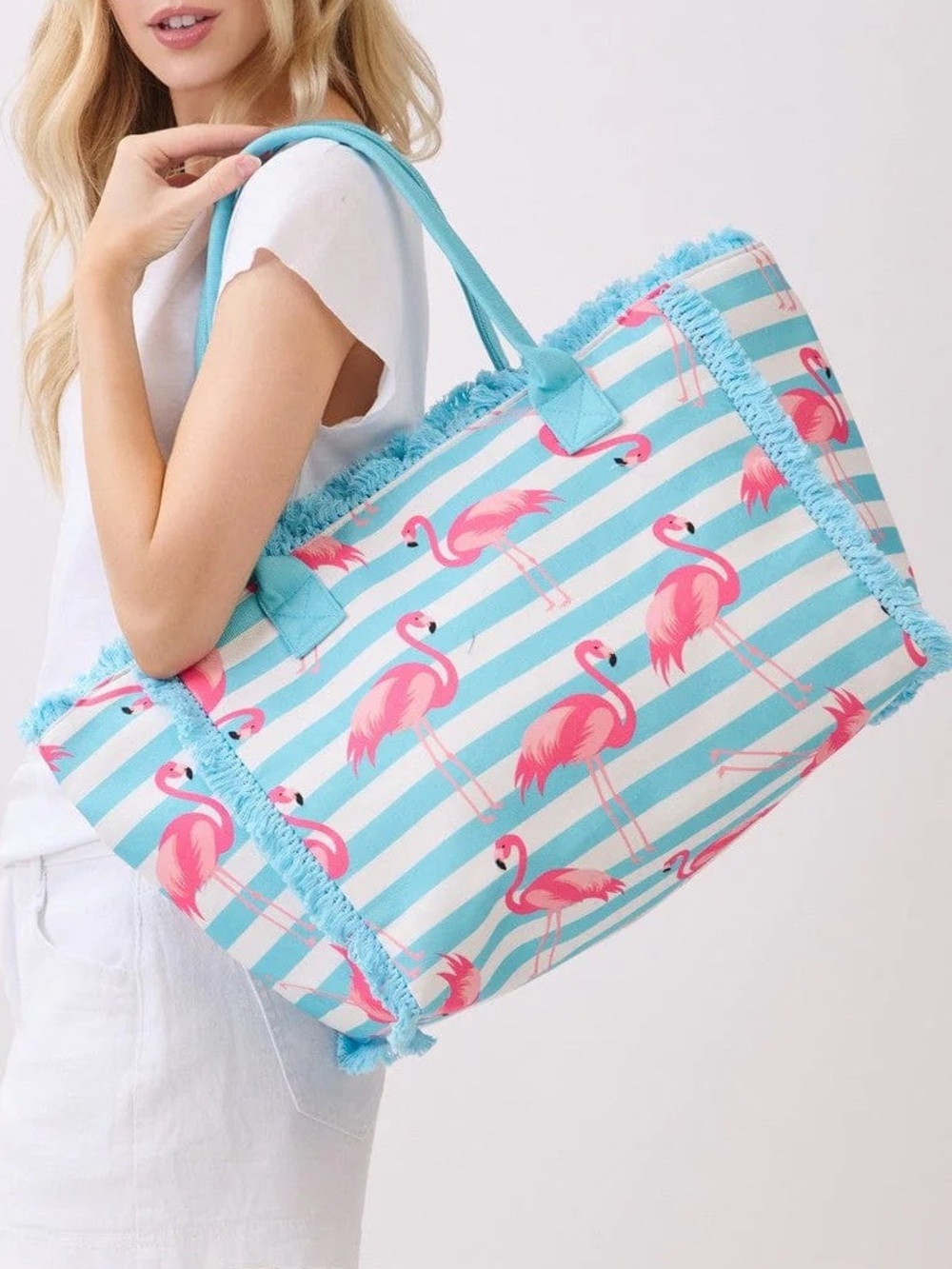 Striped Flamingo Beach Tote in Aqua and Pink